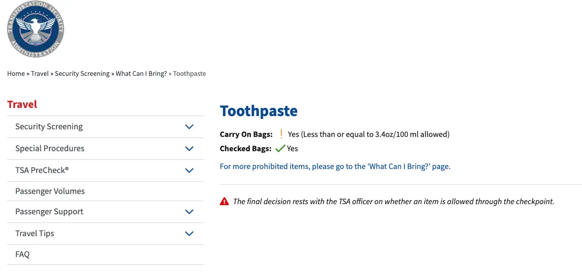tsa toothpaste regulation